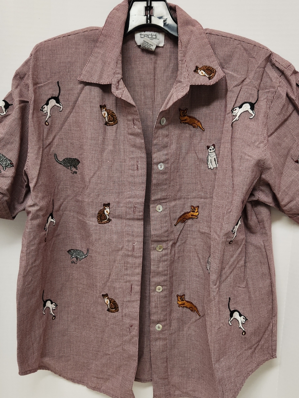 Vintage Teddi Petite Embroidered Cat Shirt Top PL Petite Large